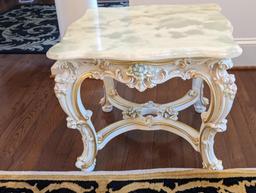 SILIK MARBLE TOP SIDE TABLE WITH CARVED FLORAL DETAILING.