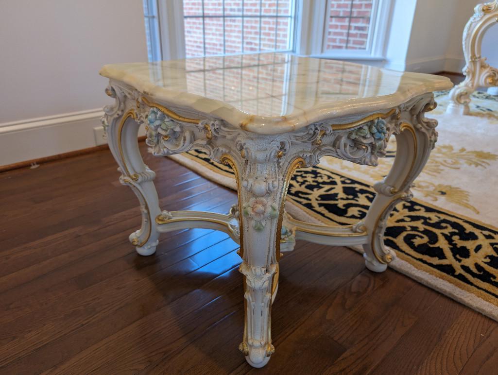 SILIK MARBLE TOP SIDE TABLE WITH CARVED FLORAL DETAILING.