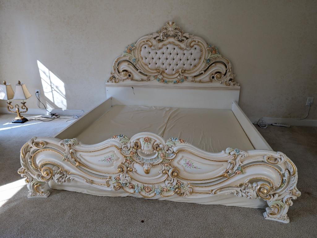 SILIK CARVED FLORAL DETAILED KING SIZE BED WITH BUTTON TUFTED HEADBOARD. SIMILAR ONES ONLINE FOR