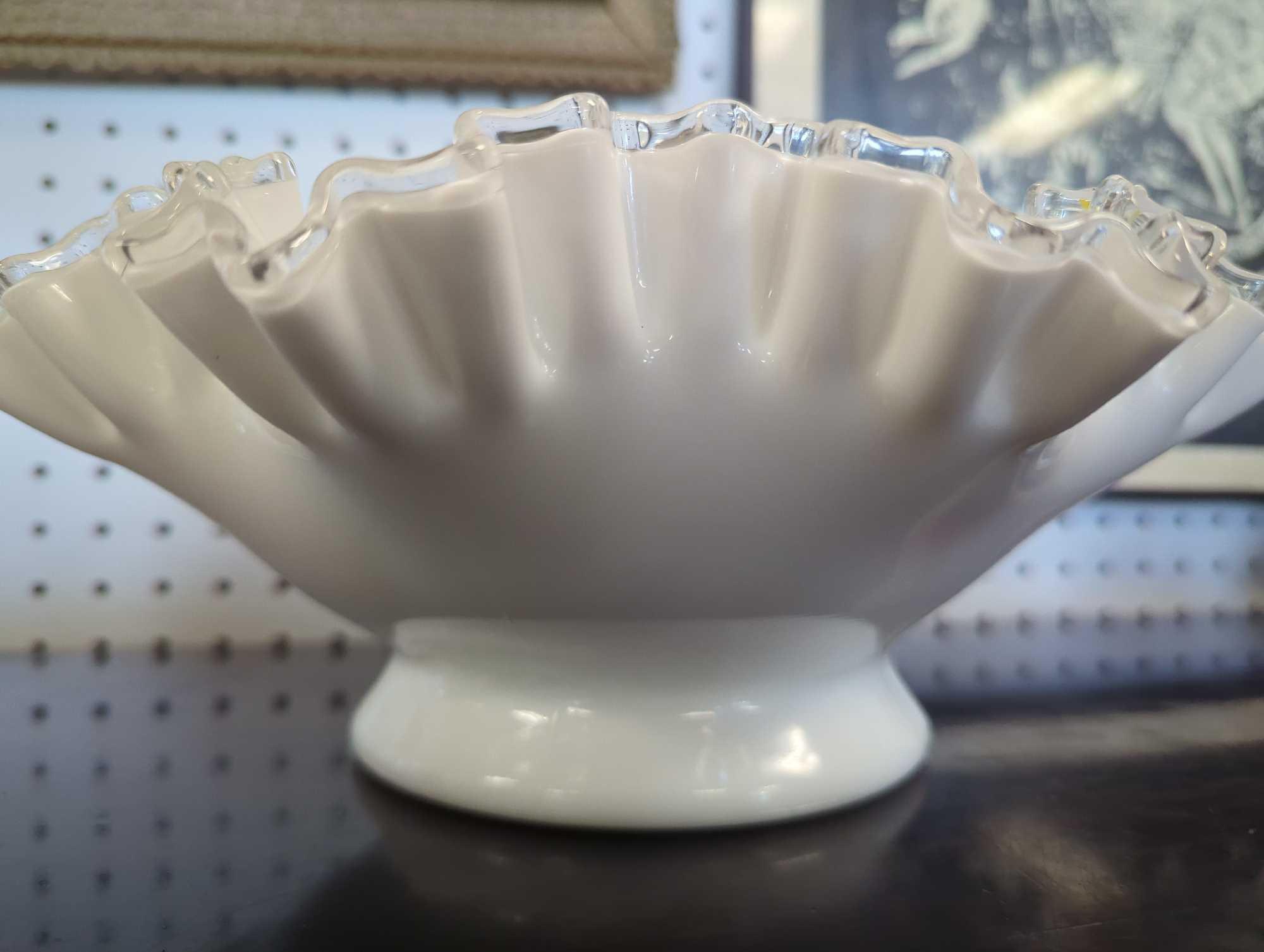 1930's Fenton Large Silver Crested Milk Glass Three Horn Epergne, Retail Price $250, Approximate