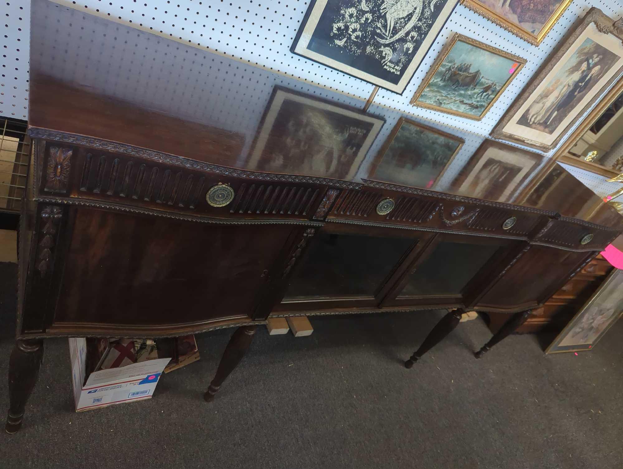 Old Style Mahogany Buffet with 2 Gallery Doors, 2 Wood Doors and 3 Drawers, 3 Different Keys To Open