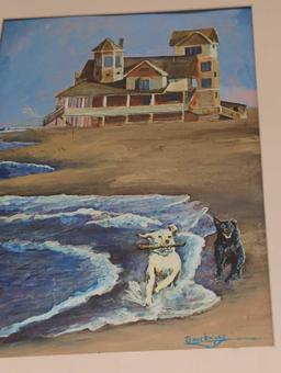 Framed Print of 2 Dogs Running on the Beach with a House in the Distance, Approximate Dimensions -