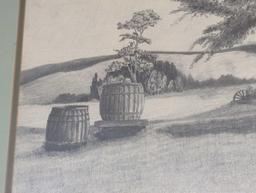 Framed Print of a Field with Barrels and Tree, Approximate Dimensions - 19" x 16", Frame has Some