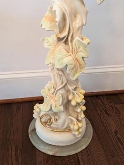 SILIK MINERVA CHERUB & FLORAL CARVED LAMP/PLANT STAND WITH ROUND MARBLE TOP.