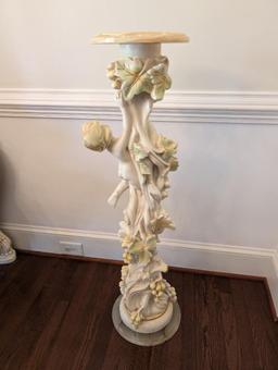 SILIK MINERVA CHERUB & FLORAL CARVED LAMP/PLANT STAND WITH ROUND MARBLE TOP.