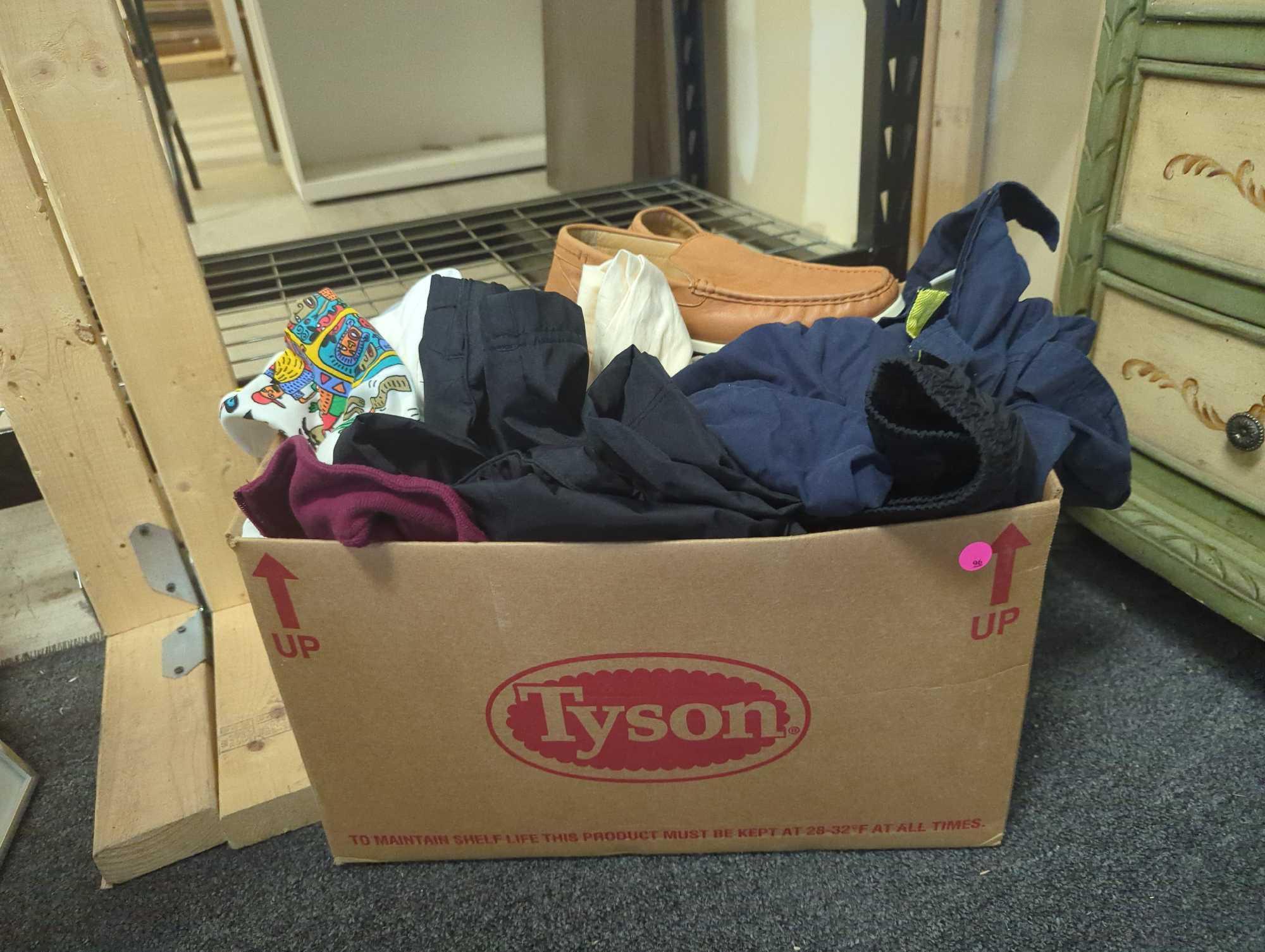 Box Lot of Assorted Clothing in Size Range XL to 2x, Includes Shirts, Pullovers, Pants, Underwear