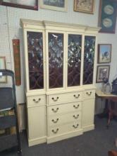 VINTAGE WHITE PAINTED MAHOGANY CHINA CABINET, FOUR GLASS DOORS OVER SIX DRAWERS AND TWO WOOD