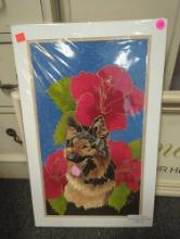 UNFRAMED AND DOUBLE MATTED HAND PAINTED SILK, GERMAN SHEPHERD SURROUNDED BY HIBISCUS, 13 1/2"X22
