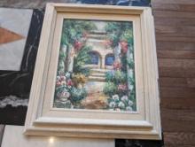 FRAMED IMPRESSIONIST PAINTING ON CANVAS DEPICTING ITALIAN ARCHITECTURE SURROUNDED BY FLOWERS AND