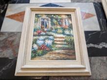 FRAMED IMPRESSIONIST PAINTING ON CANVAS DEPICTING AN ITALIAN COUNTRY SIDE HOUSE WITH FLOWERS AND
