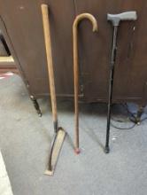 Lot of two canes and one SLING BLADE, ANTIQUE 39" WITH FLUTED Wood Handle Rustic.