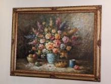 LARGE IMPRESSIONIST OIL PAINTING ON CANVAS OF A FLORAL STILL LIFE. DISPLAYED IN DETAILED GOLD WASH