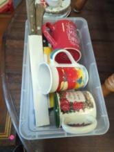Tote Lot of Assorted Items Including 3 Mugs and An Assortment of Kitchen Knifes, What You See in the
