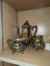 Shelf Lot of Assorted Items to Include, EAPG Northwood White Opalscent Ruffled Bowl, Pewter Tea Set