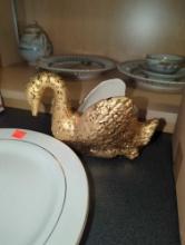 Shelf Lot of Assorted Items to Include, Ceramic Weeping Gold Bright Swan Planter Hand Decorated in