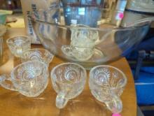 Lot of Assorted Items to Include, Large Glass Punch Bowl with Ladle, Set of 8 etched deco glass