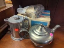 Lot of 4 Items Including Old Style Double Prong Rosette Iron, Pewter Tea Pot, Dancing Lion Pewter