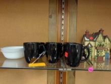 Shelf Lot of Assorted Items To Include, Set of 8 Black Corelle Mugs, 6 Large Corelle Plates, 8 Small