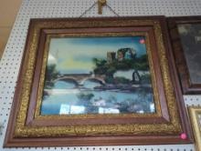 Framed Landscape Painting in the Reverse Paint on Glass Style, Some Spot are Missing the Paint on