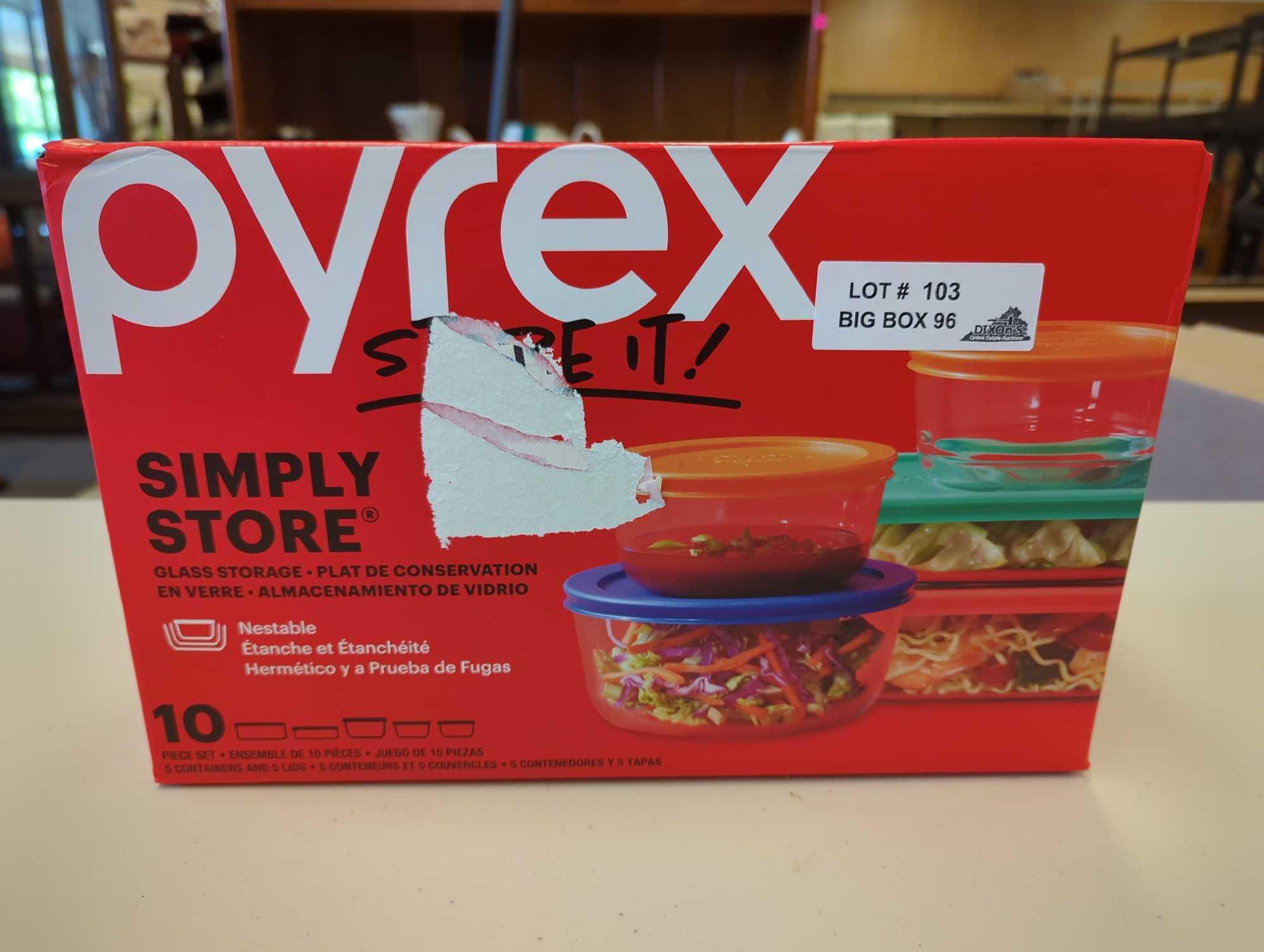Pyrex Simply Store 10 Piece Glass Storage Bakeware Set with Assorted Colored Lids. Comes in unopened