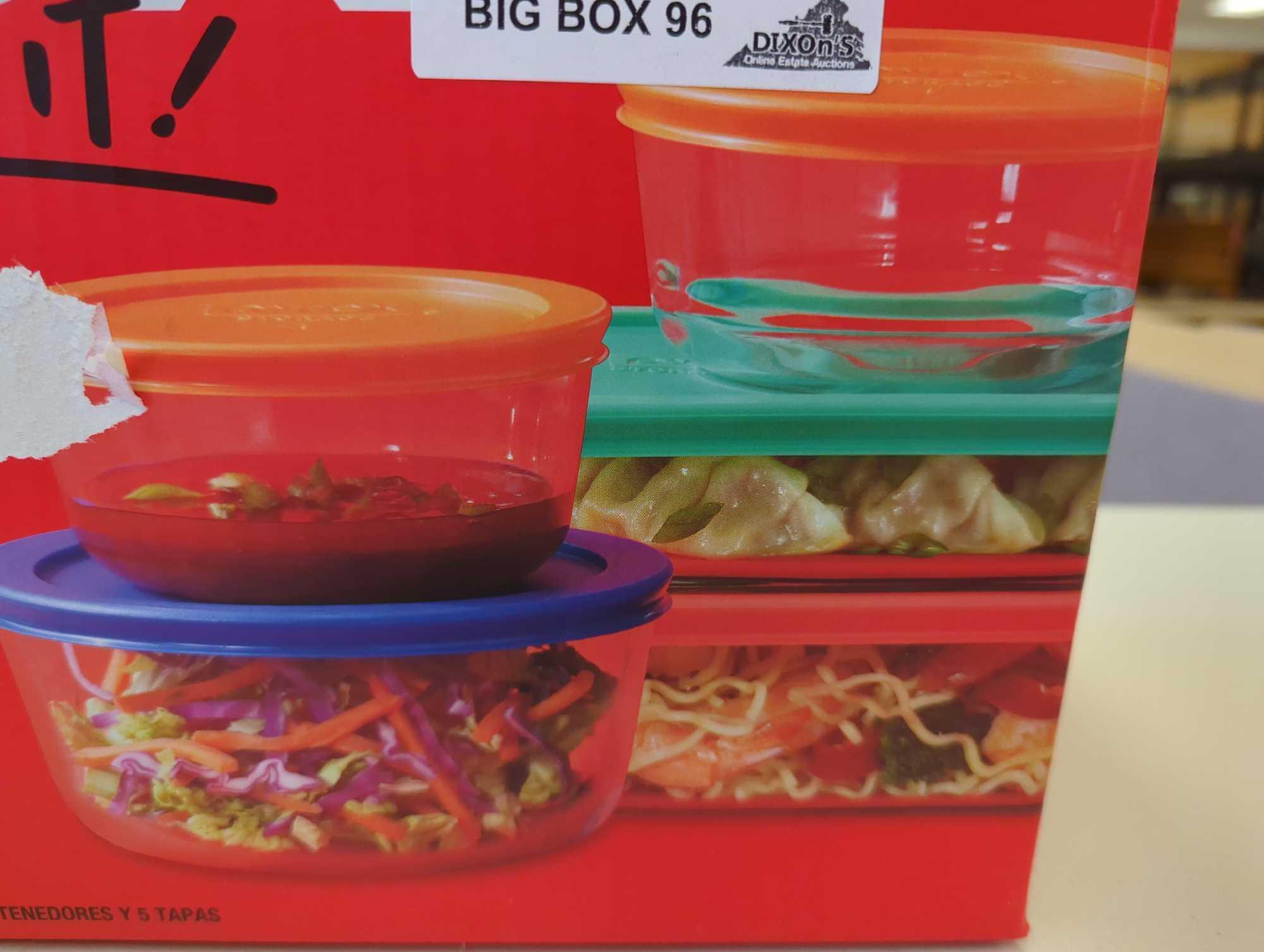 Pyrex Simply Store 10 Piece Glass Storage Bakeware Set with Assorted Colored Lids. Comes in unopened