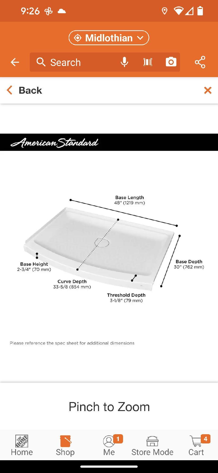 American Standard Ovation Curve 48 in. L x 30 in. W Alcove Shower Pan Base with Center Drain in