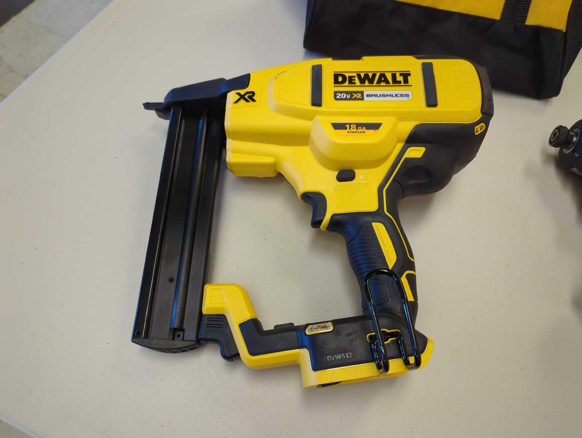 DeWalt lot including: -DEWALT 20V MAX XR Lithium-Ion Cordless 18-Gauge Narrow Crown Stapler (Tool