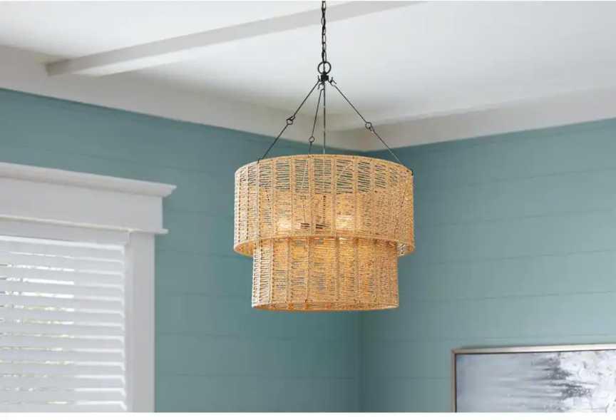 Hampton Bay Hailee 3-Light Basket Hanging Pendant Black Natural Weave Shade, Model LBO4903AX-03,