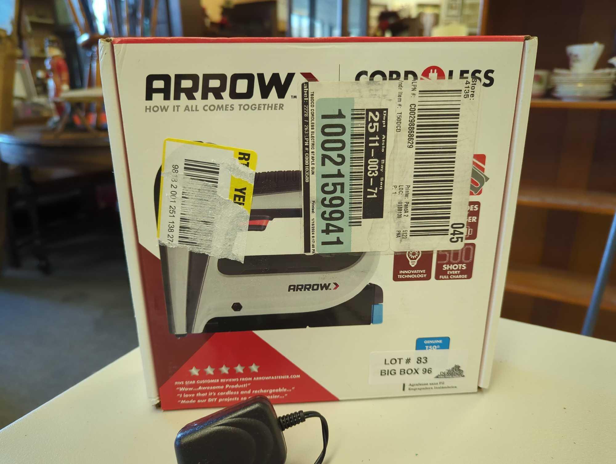 Arrow T50DCD Cordless Staple Gun. Comes as is shown in photos. Appears to be used. SKU # 1002159941