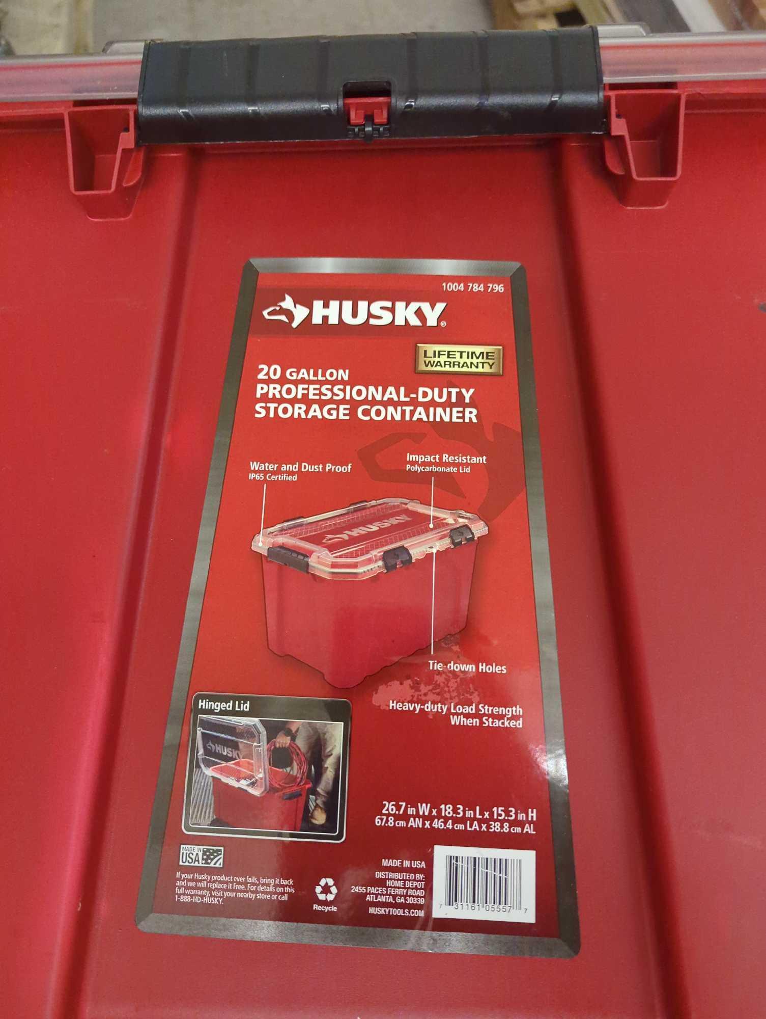 Husky 20-Gal. Professional Duty Waterproof Storage Container with Hinged Lid in Red, Appears to be