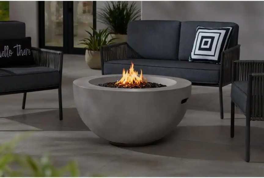 Hampton Bay Grove Park 36 in. x 18 in. Round Concrete Propane Gas Fire Pit, Appears to be New in