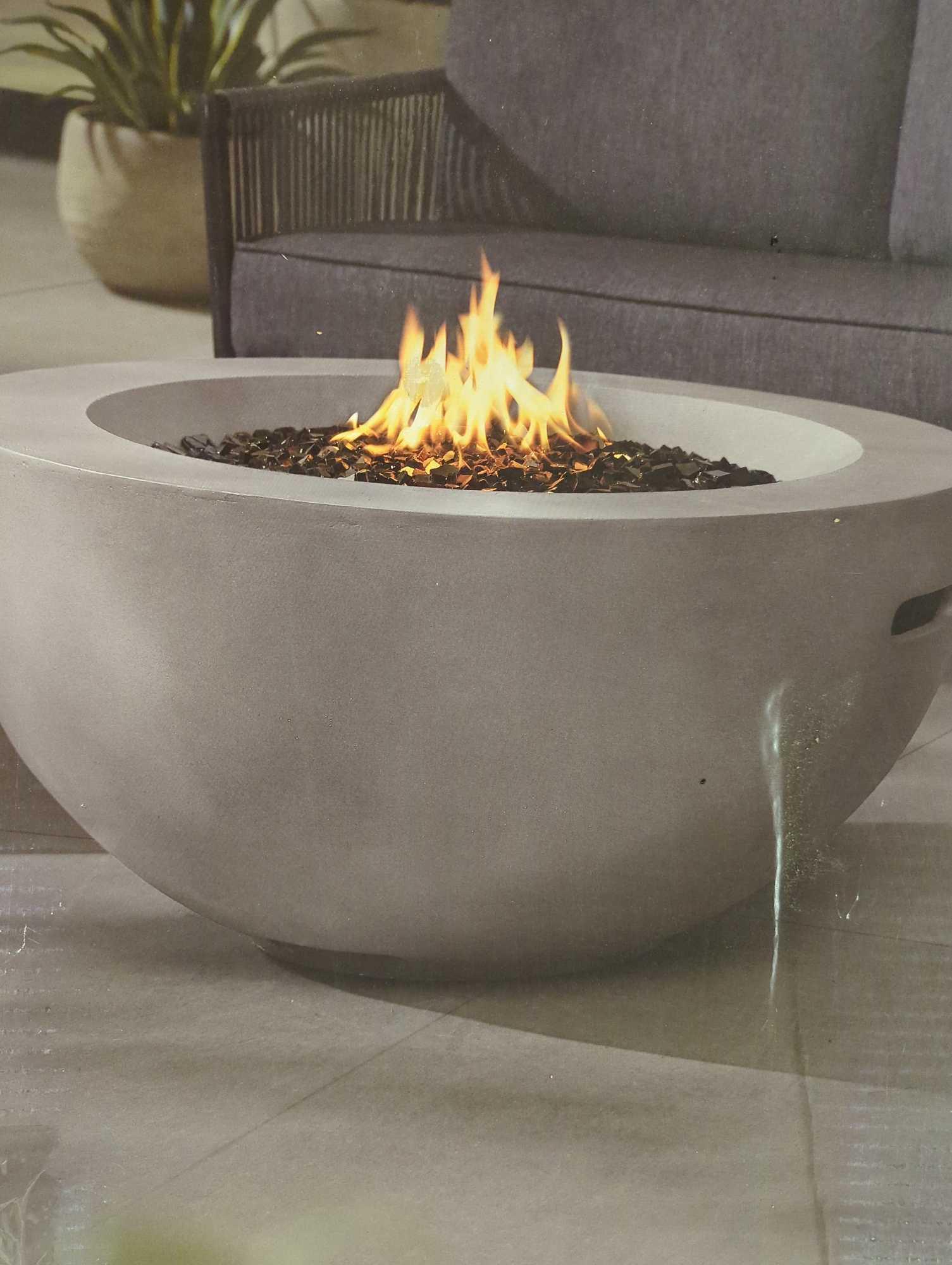 Hampton Bay Grove Park 36 in. x 18 in. Round Concrete Propane Gas Fire Pit, Appears to be New in