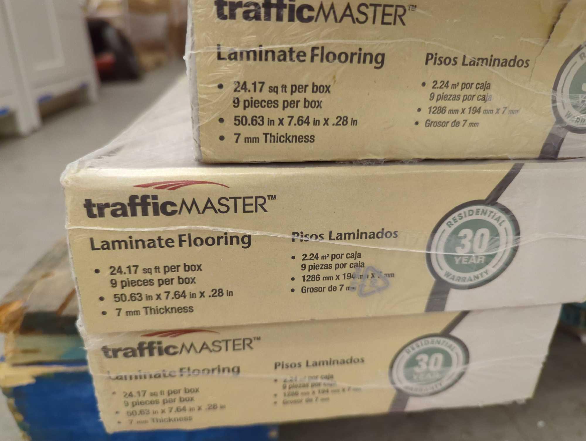 Lot of 8 cases of flooring including: -1 case of TrafficMaster High Point Chestnut 4 MIL x 6 in. W x