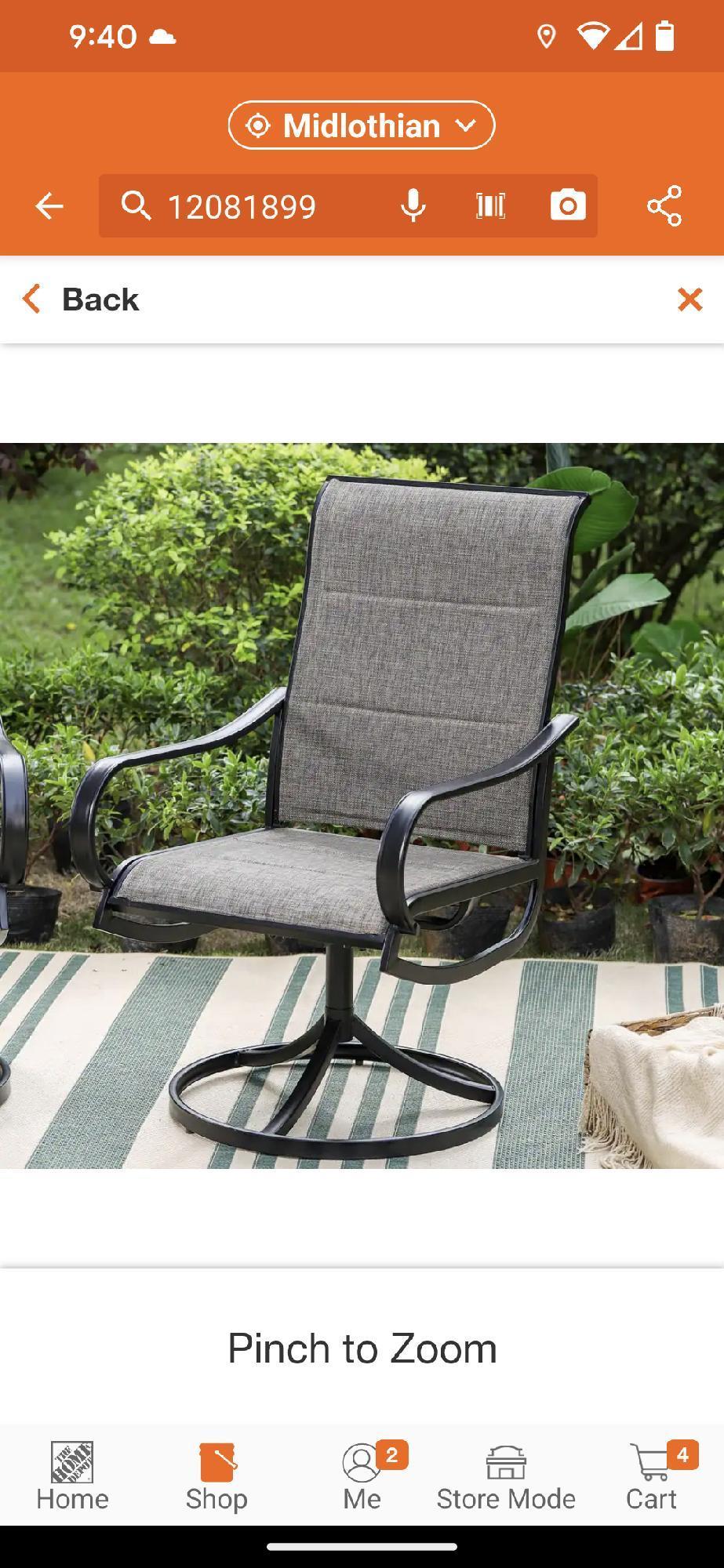 Box Lot of 2 Phi Villa Black Swivel Padded Textilene Metal Outdoor Dining Chair with Curve Arms,