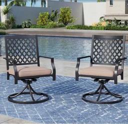 PHI VILLA Black Metal Elegant Patio Outdoor Dining Swivel Chair with Beige Cushion (2-Pack), Model