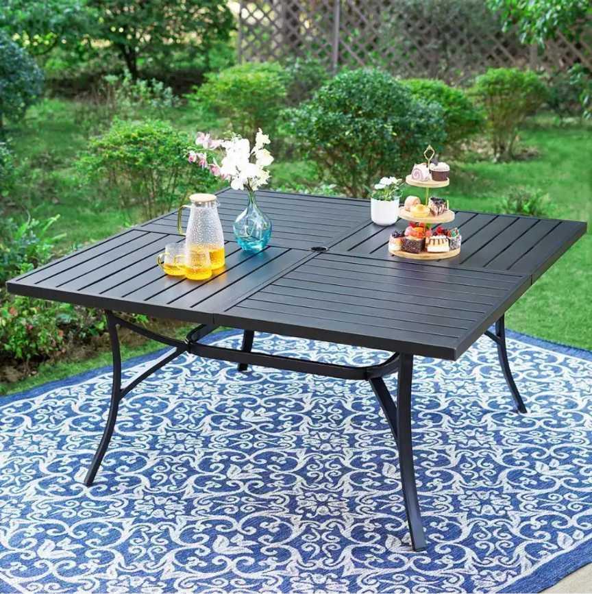 Phi Villa Black Slat Square Metal Patio Outdoor Dining Table, Model THD-PV-452, Approximate