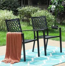 PHI VILLA Black Stackable Elegant Metal Patio Outdoor Dining Chair (2-Pack), Model