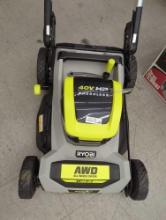 (Is Damaged Is MISSING BATTERY and Charger and Key) Ryobi 21? 40v Whisper Self-propelled Mower,