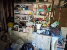 (SHED) LARGE WHITE PAINTED STORAGE CABINET WITH BOOKCASE TOPS. INCLUDES CONTENTS: CAULK, SPRAY