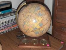 (DEN) CRAMS ANTIQUE WORLD GLOBE ON BAROMETER WOOD BASE. IT MEASURES 11-1/2"W X 7-1/2"D X 14-1/2"T.