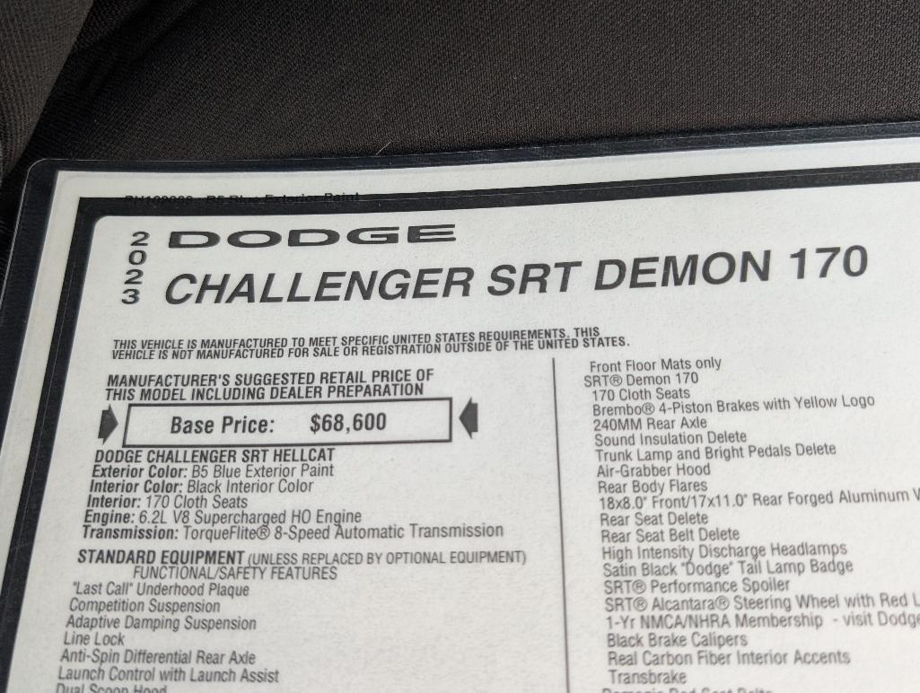 2023 Dodge Challenger 170 Demon - B- 5 Blue, 12 Miles, VIN: 2C3CDZL96PH102008