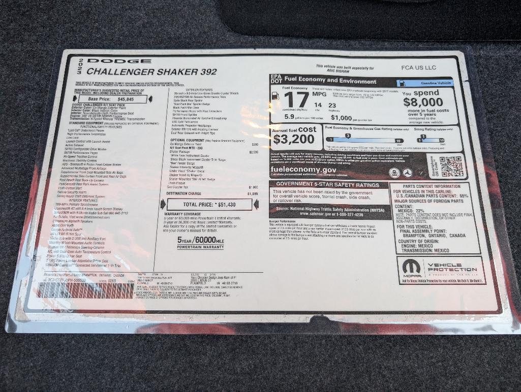 2023 Dodge Challenger 6- Speed Scat Pac - Go Mango with Shaker Hood, 1114 Miles, VIN: