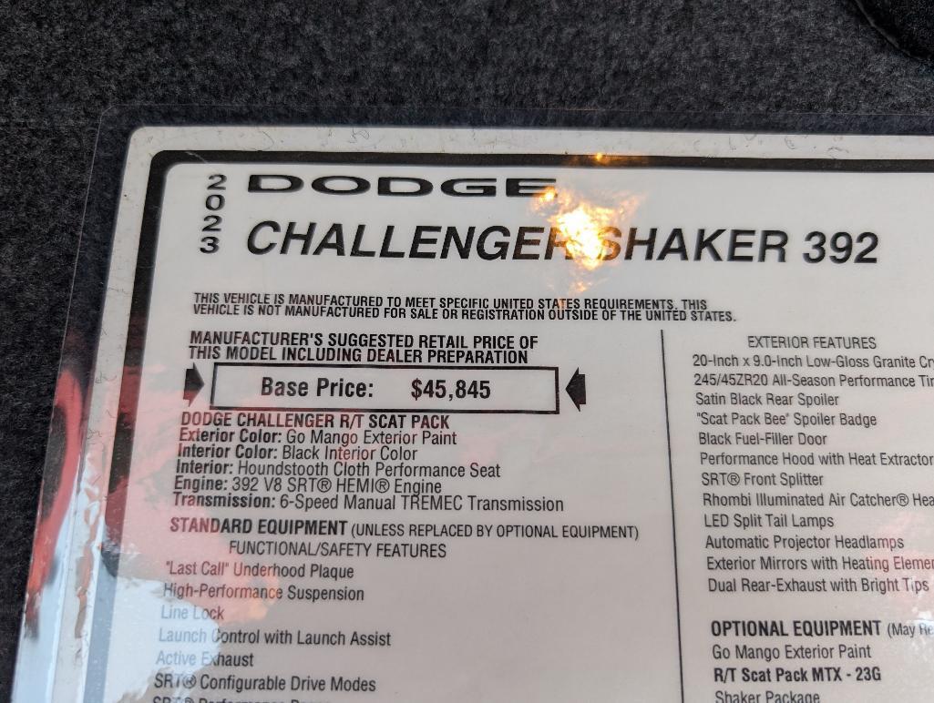 2023 Dodge Challenger 6- Speed Scat Pac - Go Mango with Shaker Hood, 1114 Miles, VIN:
