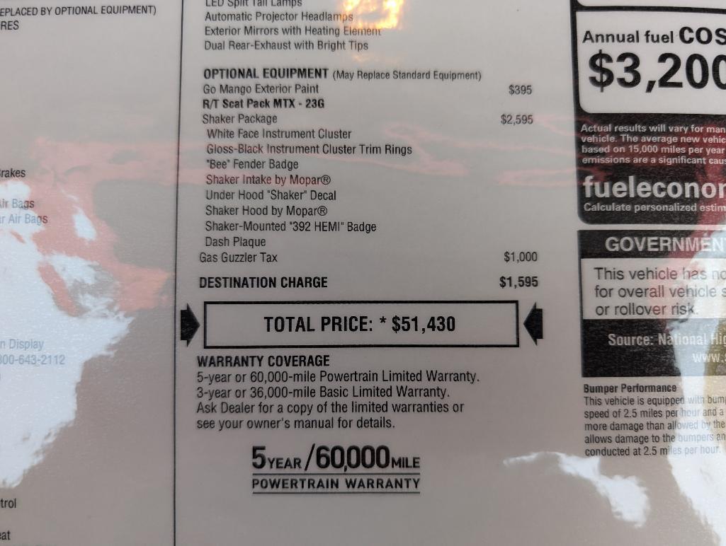 2023 Dodge Challenger 6- Speed Scat Pac - Go Mango with Shaker Hood, 1114 Miles, VIN: