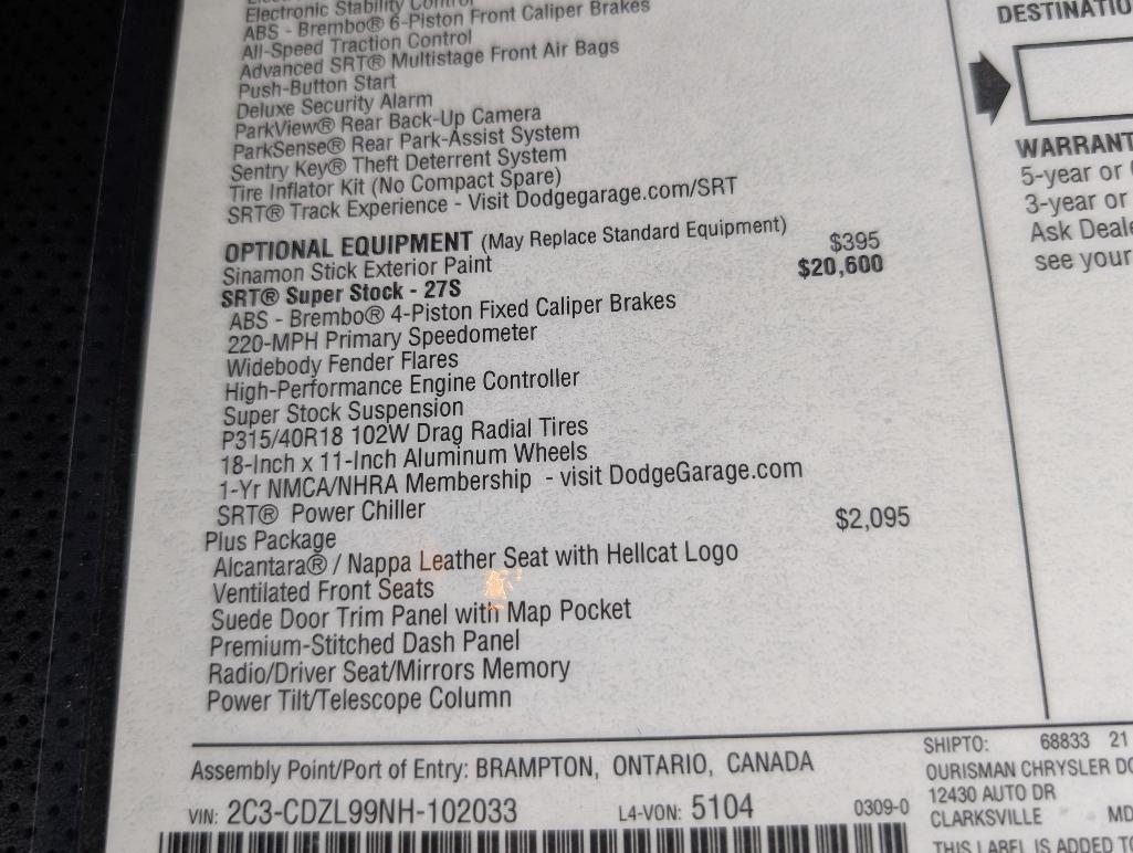 2022 Dodge Challenger SRT Hellcat Redeye Super Stock - Sinnamon Stick, 1937 Miles, VIN: