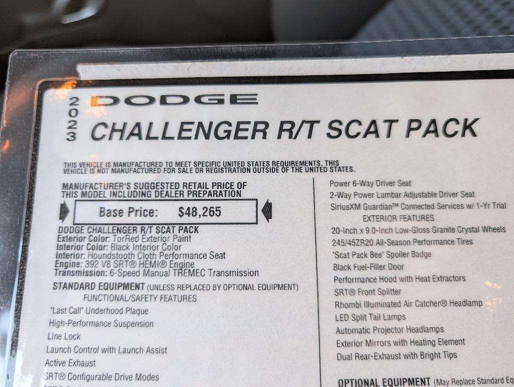2023 Dodge Challenger R/T Scat Pac - Tor Red, 6- Speed, VIN: 2C3CDZFJXPH665603, 90 Miles.