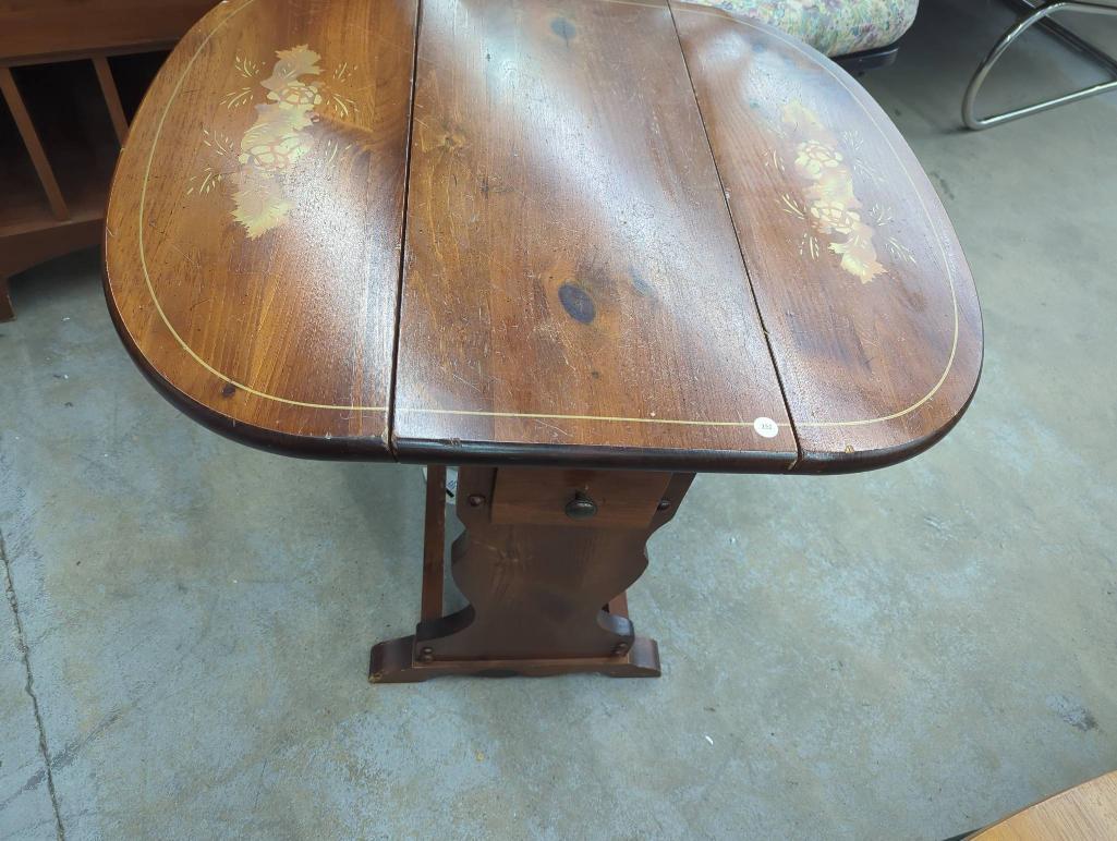 Drop-Leaf Wooden Table with Floral Motif