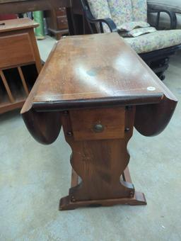 Drop-Leaf Wooden Table with Floral Motif
