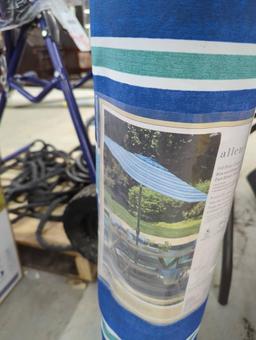 Allen + Roth 9-ft Patio Umbrella with Blue and Green Stripe Polyester Fabric