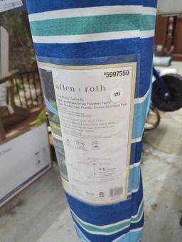 Allen + Roth 9-ft Patio Umbrella with Blue and Green Stripe Polyester Fabric